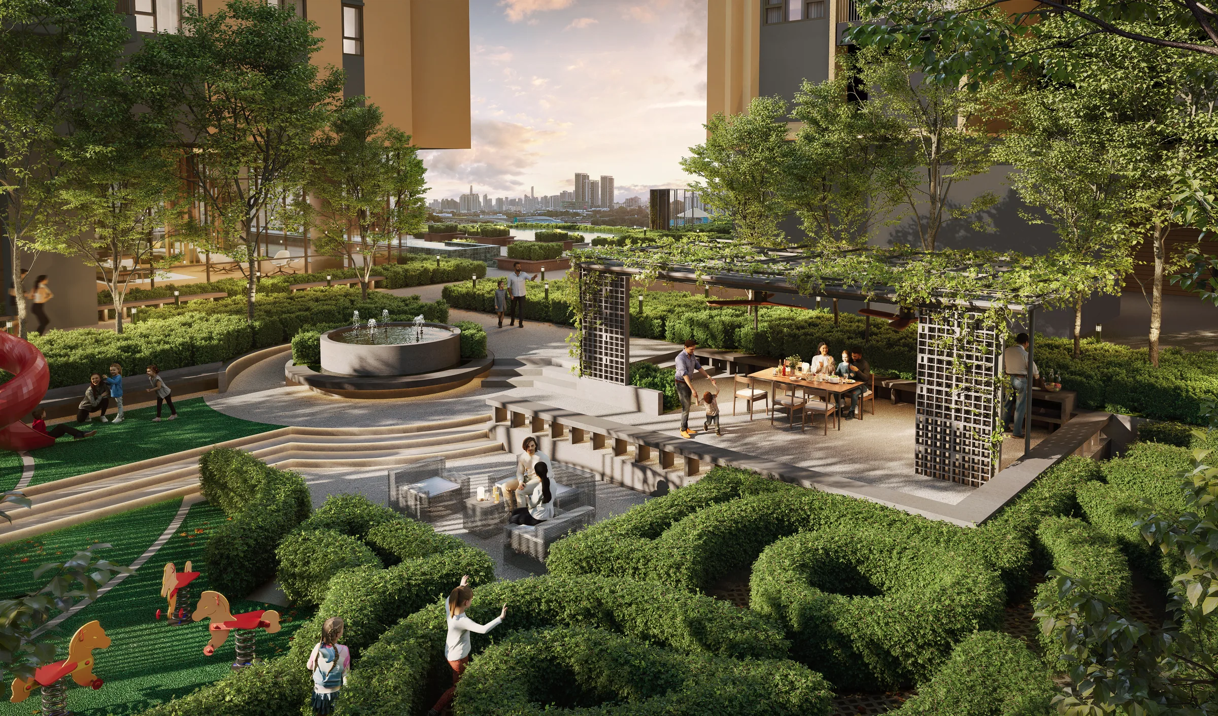 Terrace pavilion at Runnymede Valley, with communal tables and the Kuala Lumpur skyline beyond