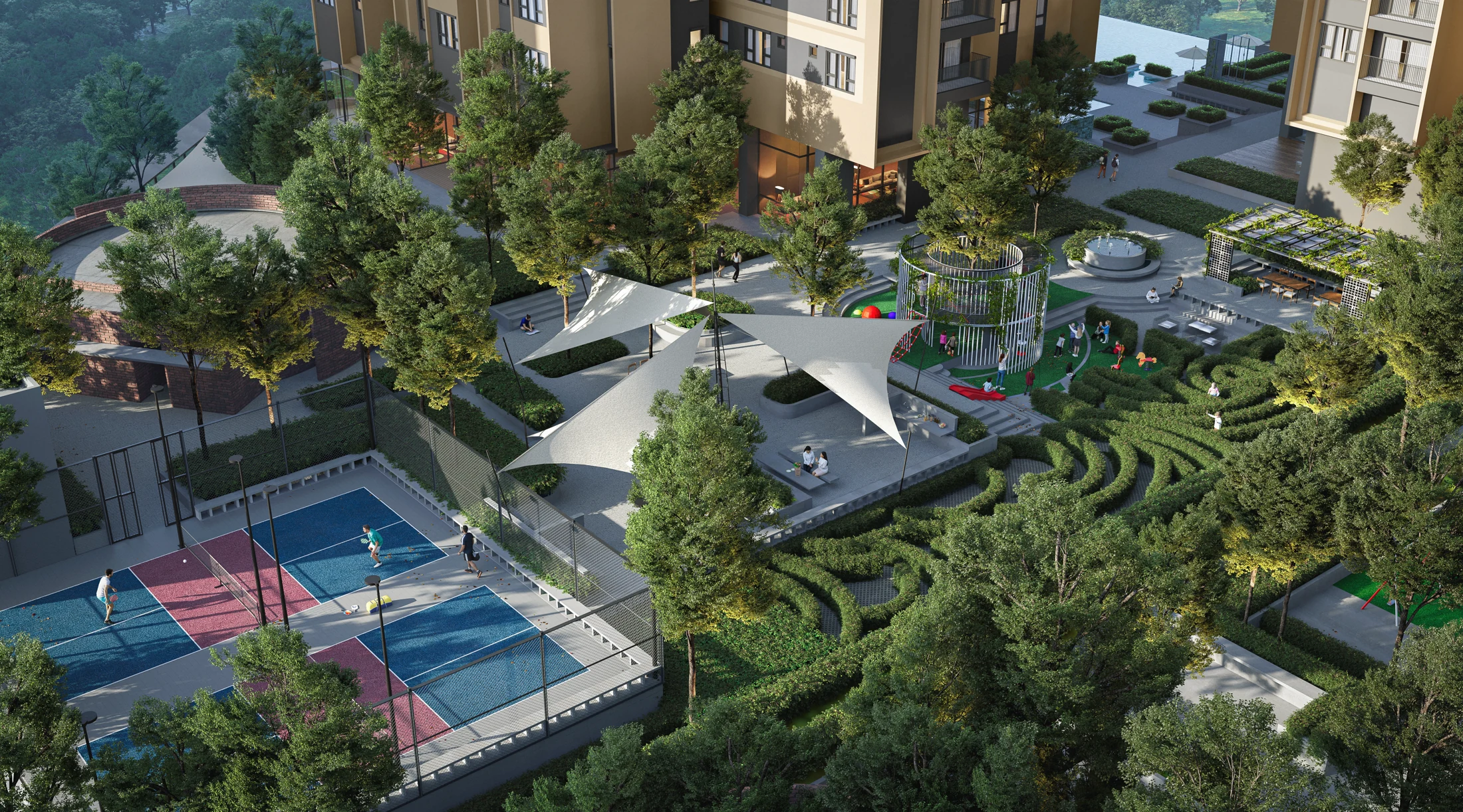 Rendering of the podium gardens from above: a maze garden, a children’s play pavilion, shade sails and a multipurpose court