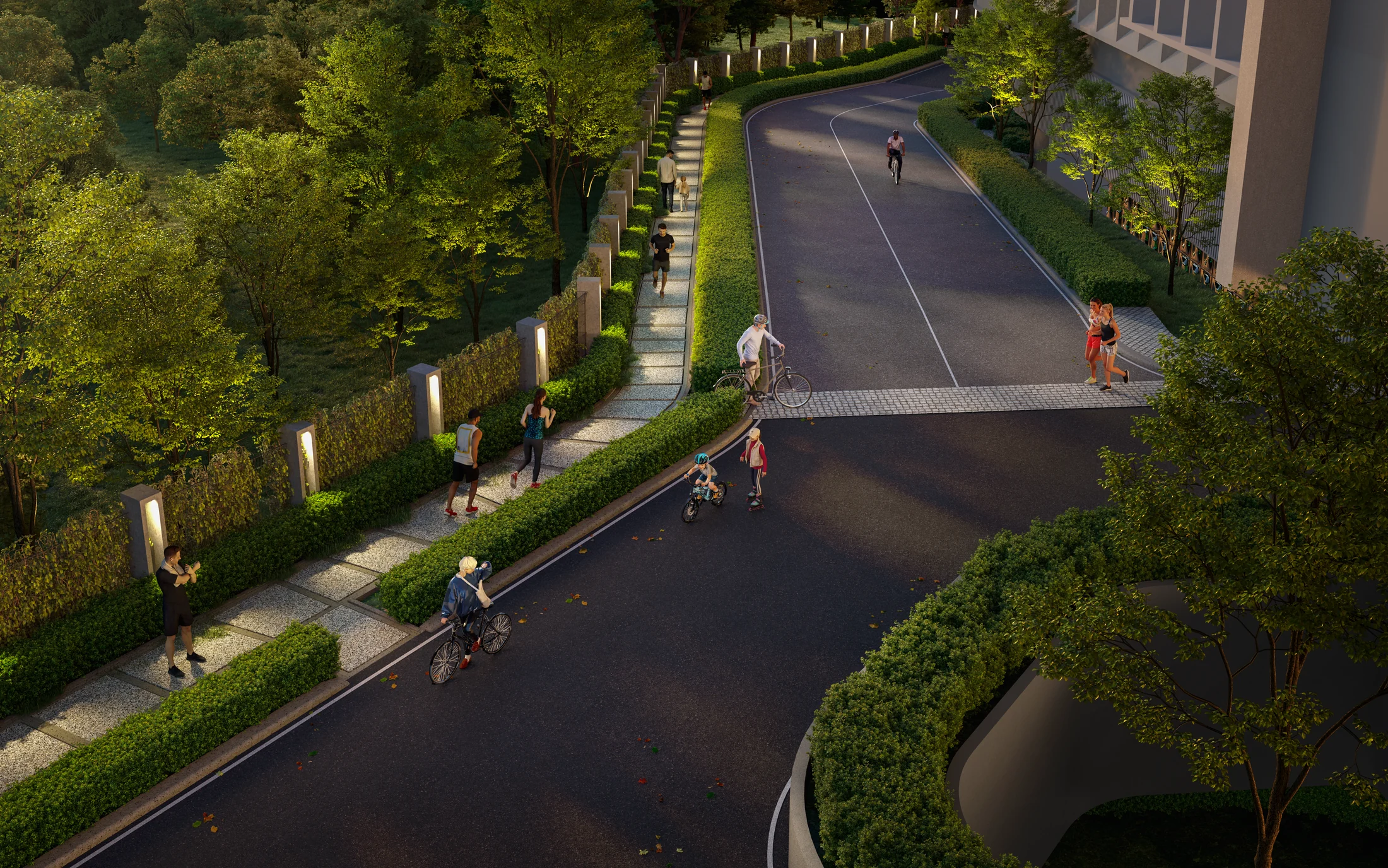 Rendering of a tree-lined footpath beside a drive, with people walking, jogging and cycling