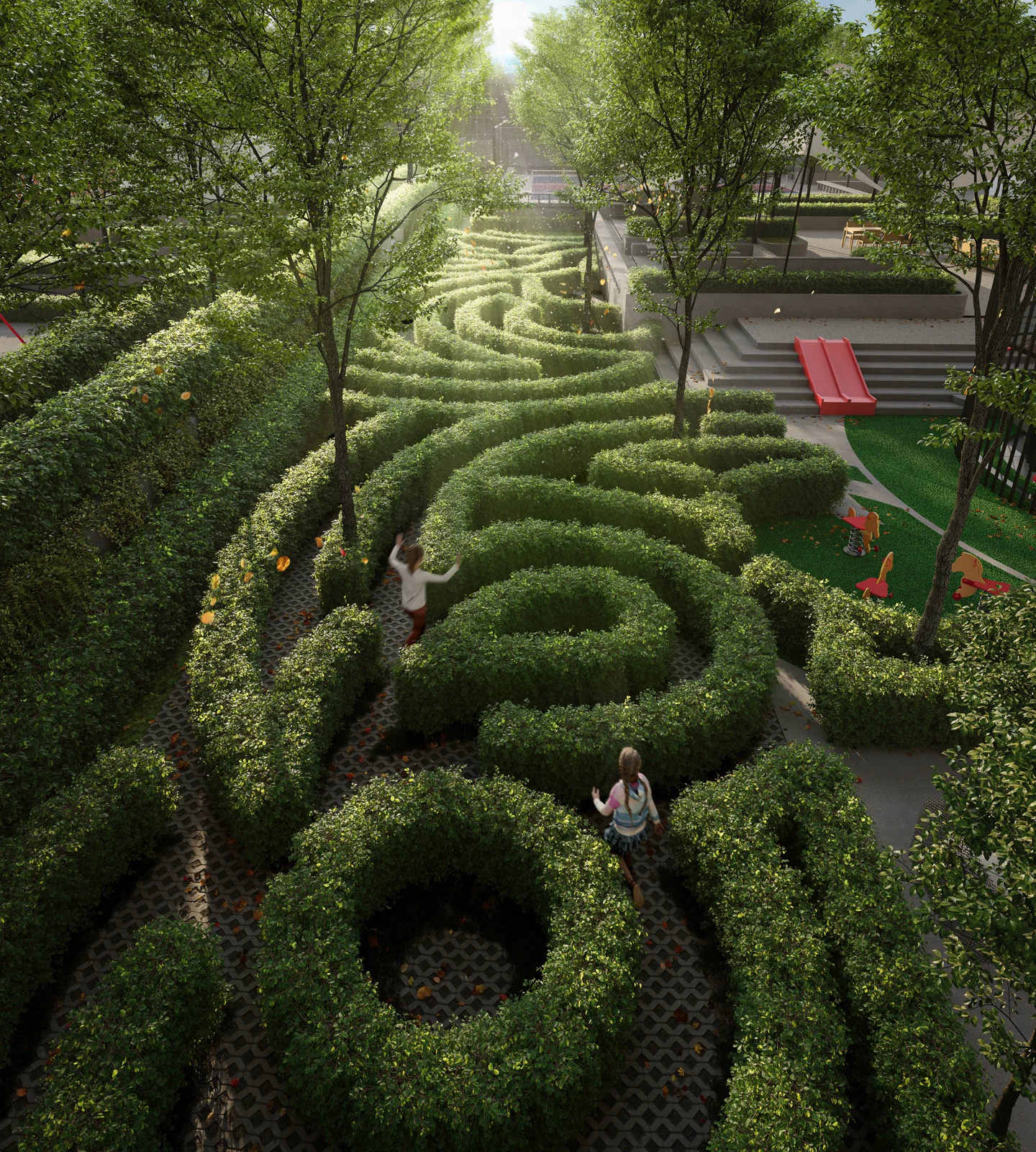 Rendering of the maze garden, with two children running between the hedges and a playground beyond