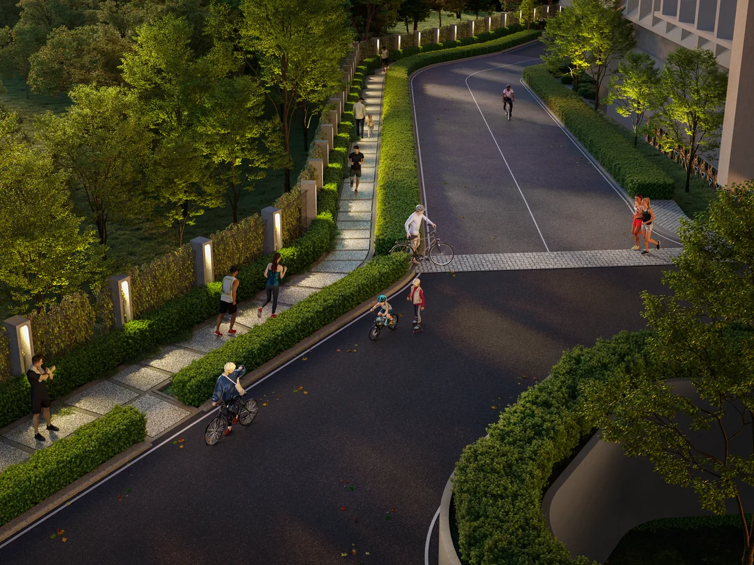 Rendering of the perimeter jogging track: a paved path between hedges, with people walking, jogging and cycling