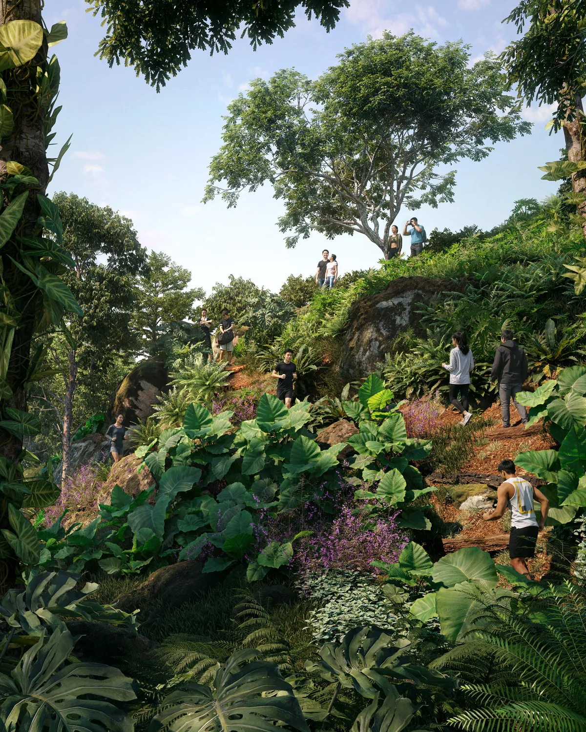 Rendering of the jungle trail: people climbing an earth path through dense tropical planting under tall trees