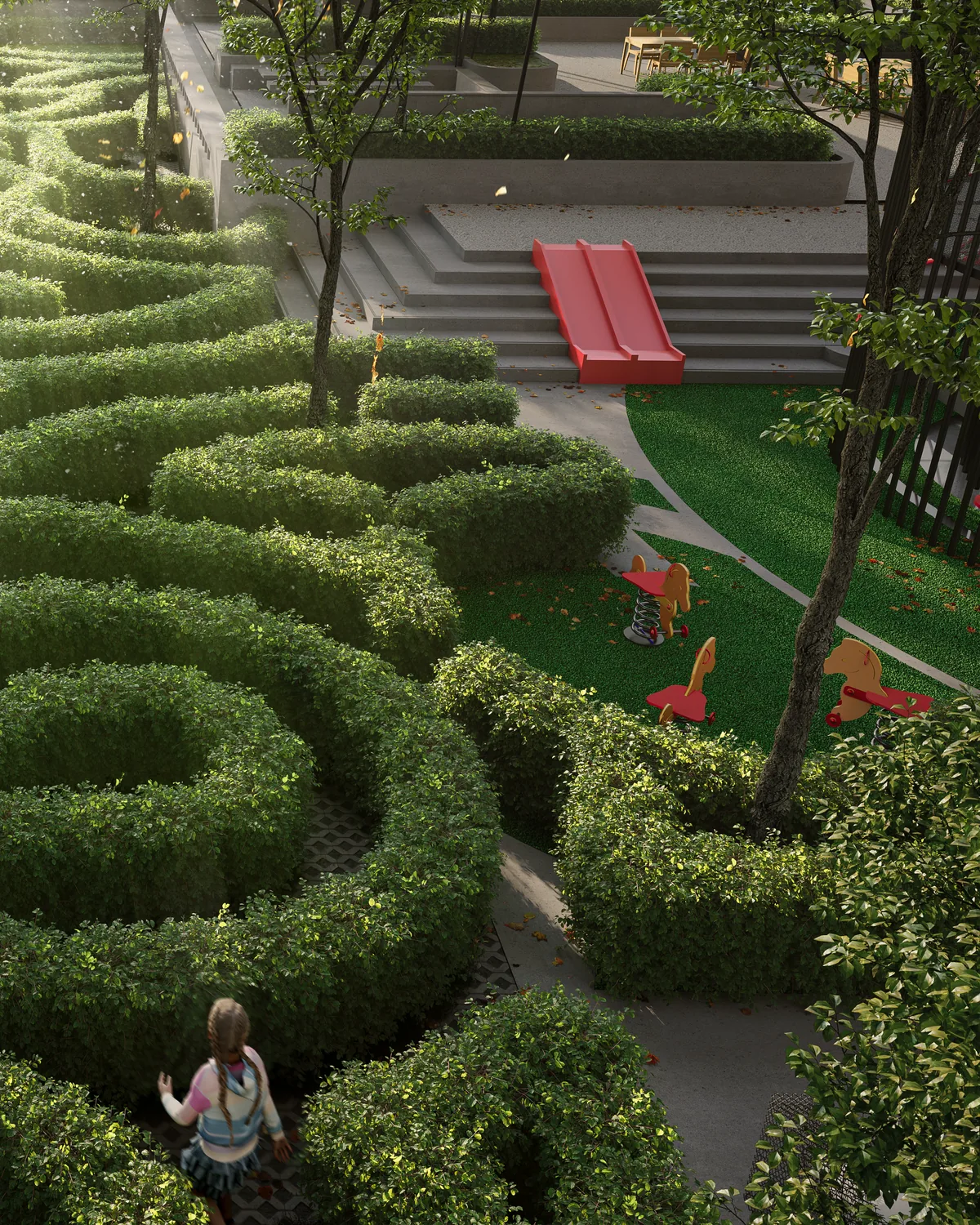 Rendering of a children’s play area beside a hedge maze: a red slide, rocking horses on the lawn, a child in the maze