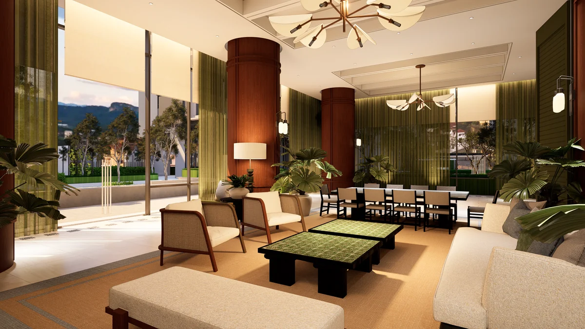 Rendering of the multipurpose hall with lounge seating and a long communal table