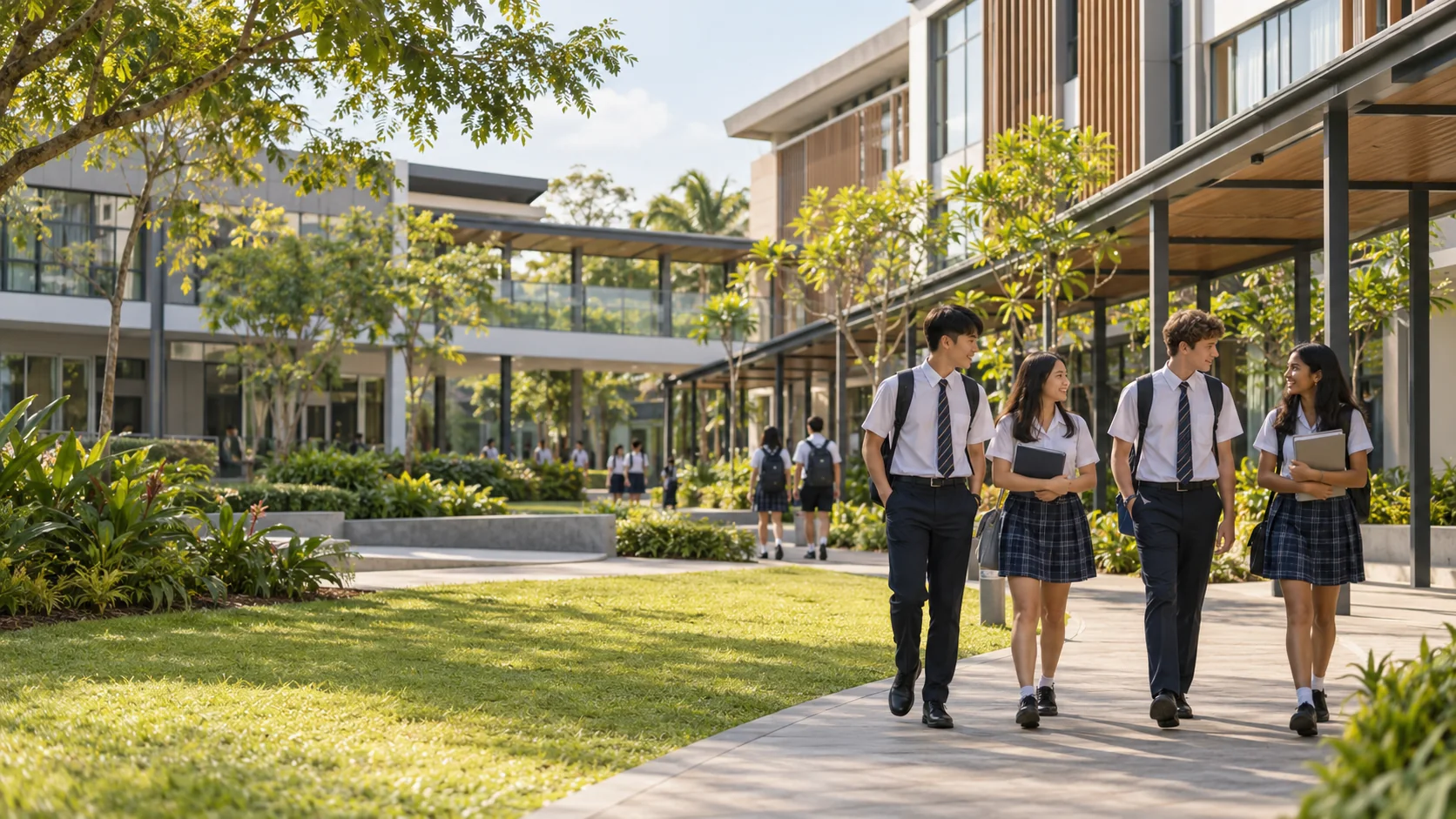 Illustration of an international school campus with students