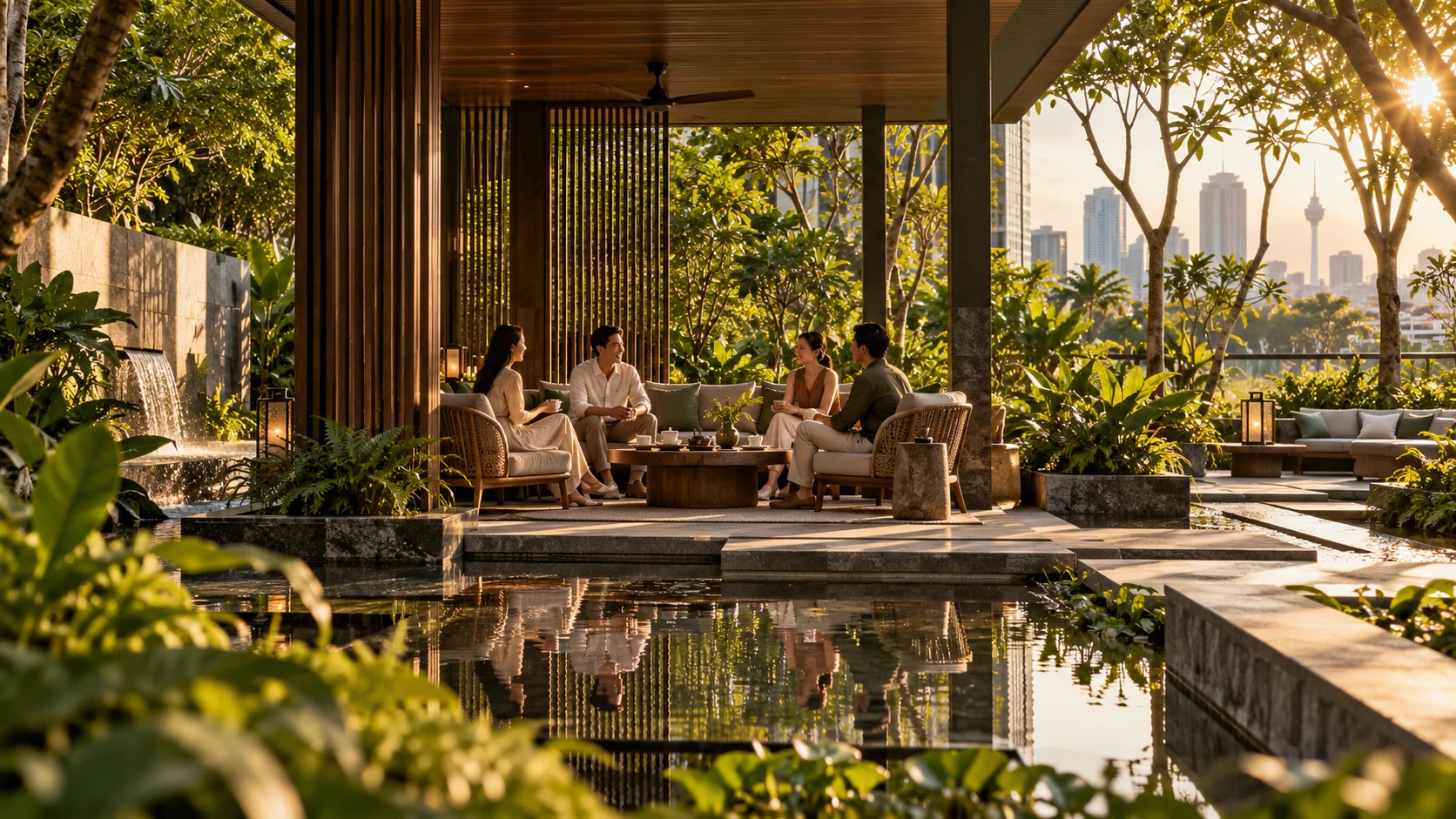 Illustrative boutique hospitality courtyard with a lounge, reflecting pool and greenery