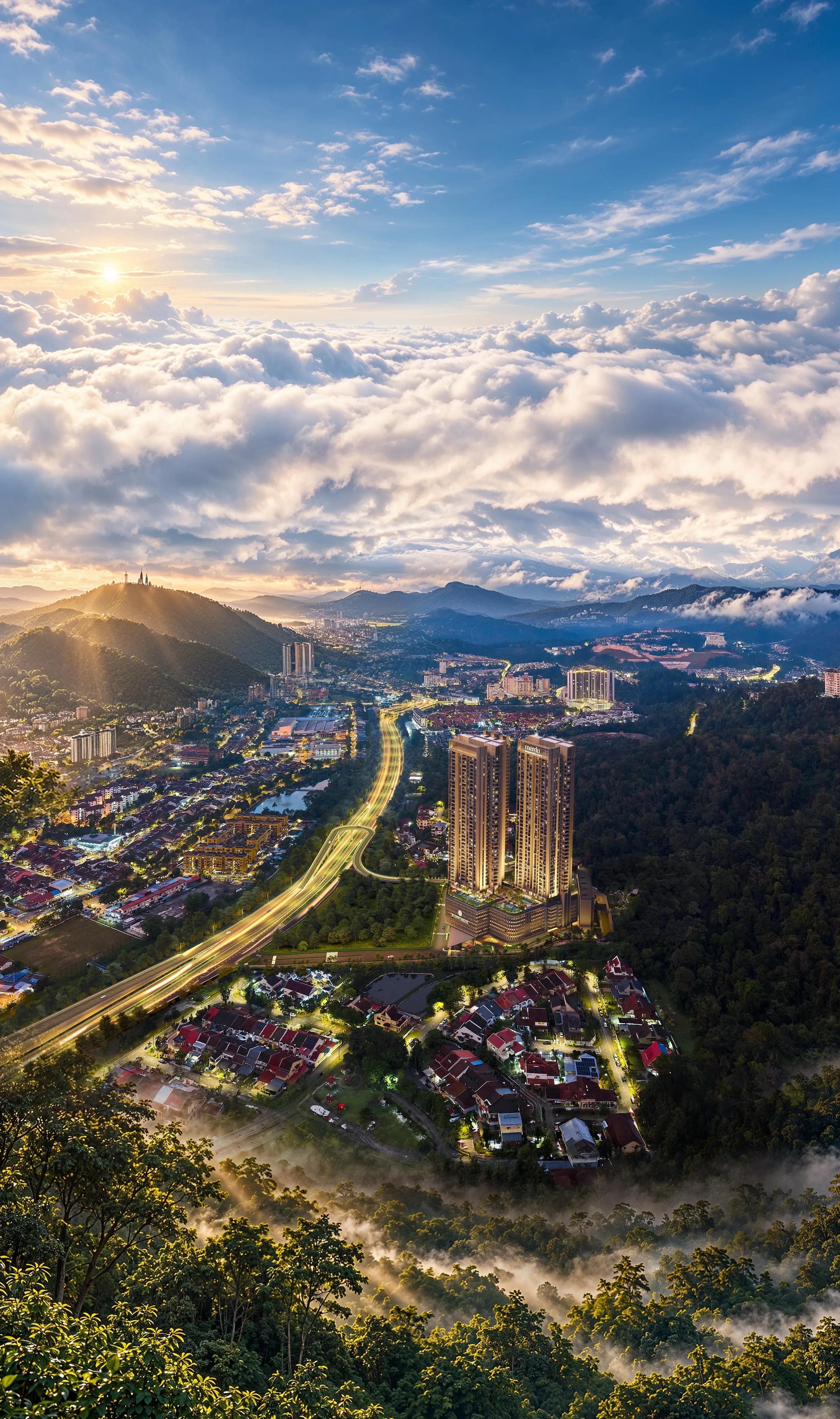 One continuous landscape descending from sunlit skies and clouds through the Ampang skyline and residential towers into the forest