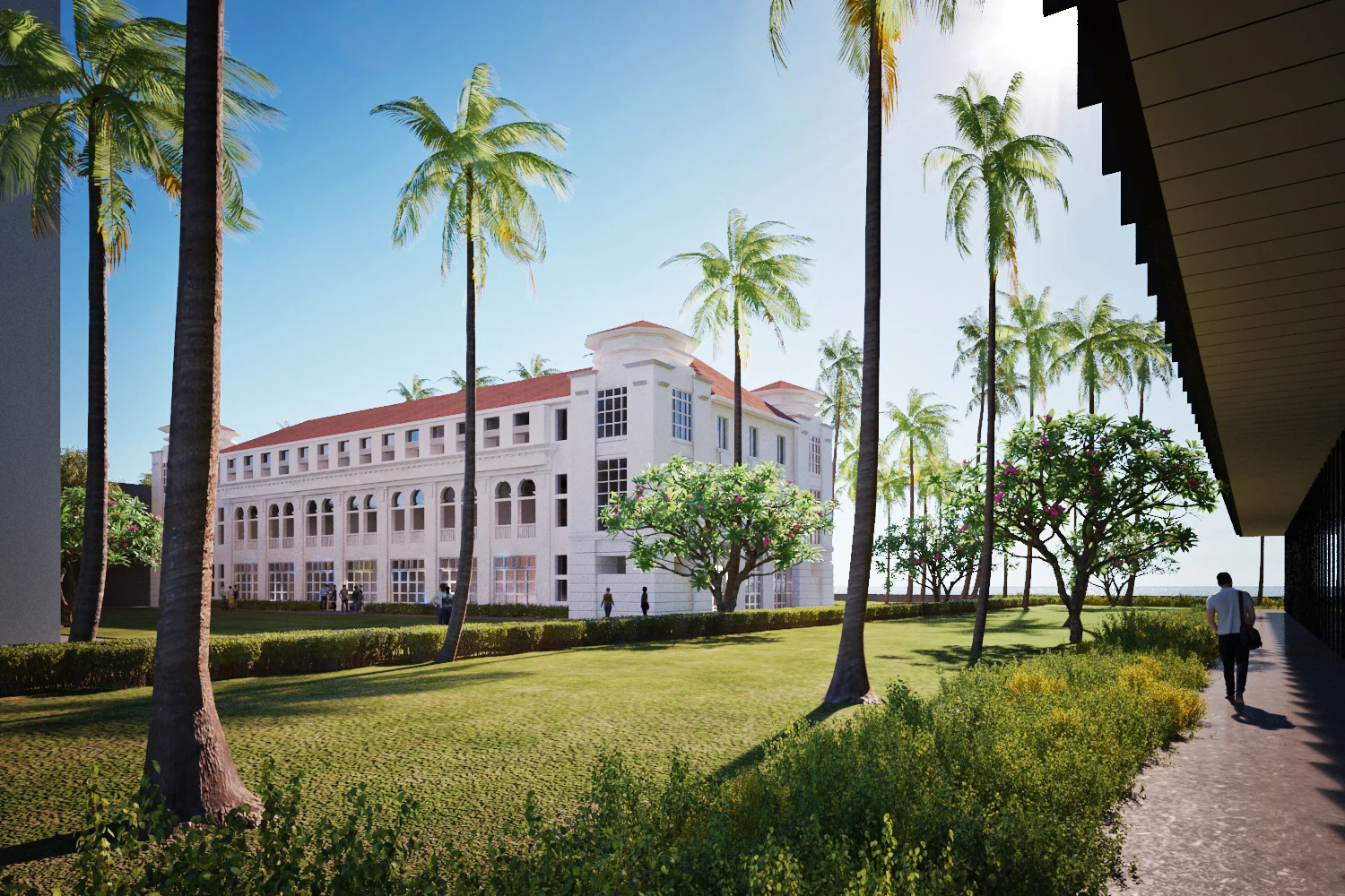 Rendering of the restored Runnymede Hotel in George Town, framed by palm trees and a garden