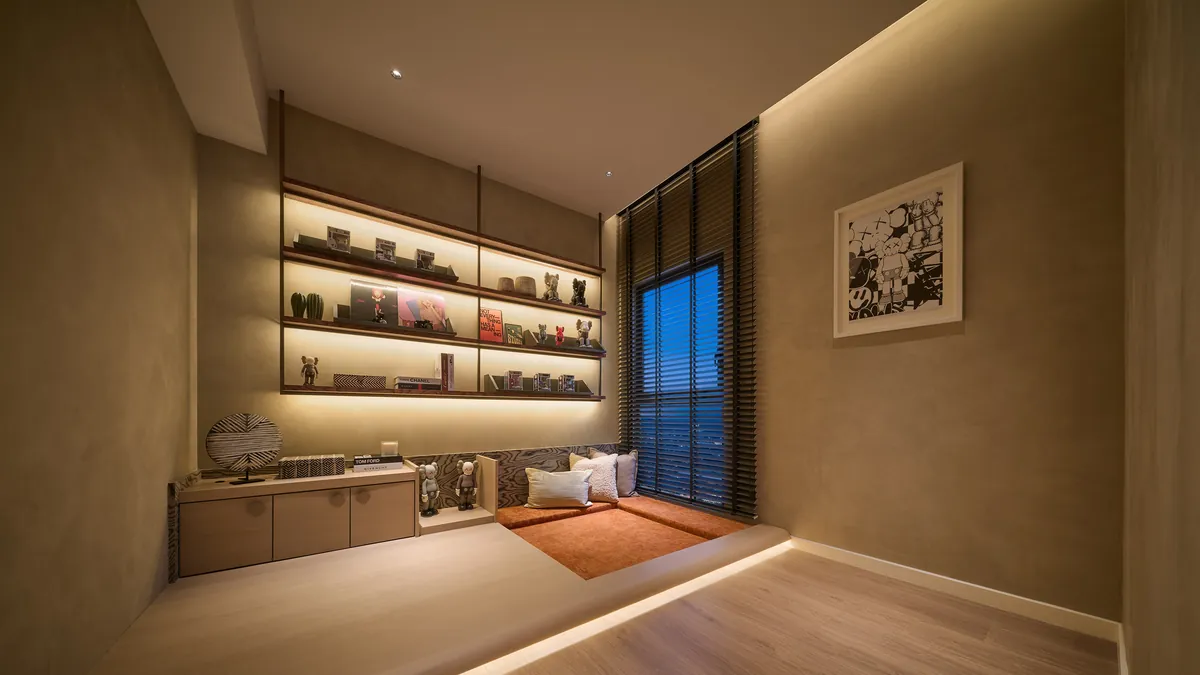 Type A second bedroom with lit shelving along one wall