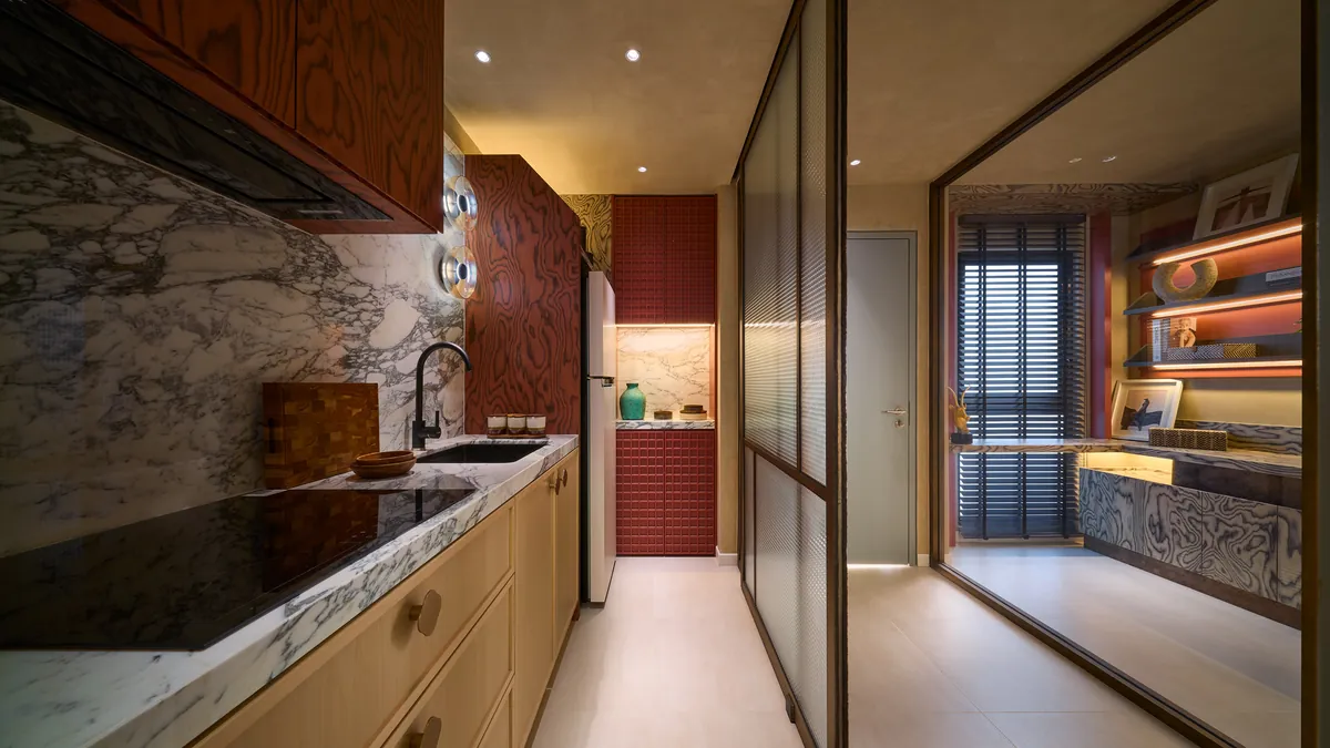 Type A kitchen, marble splashback and timber cabinetry