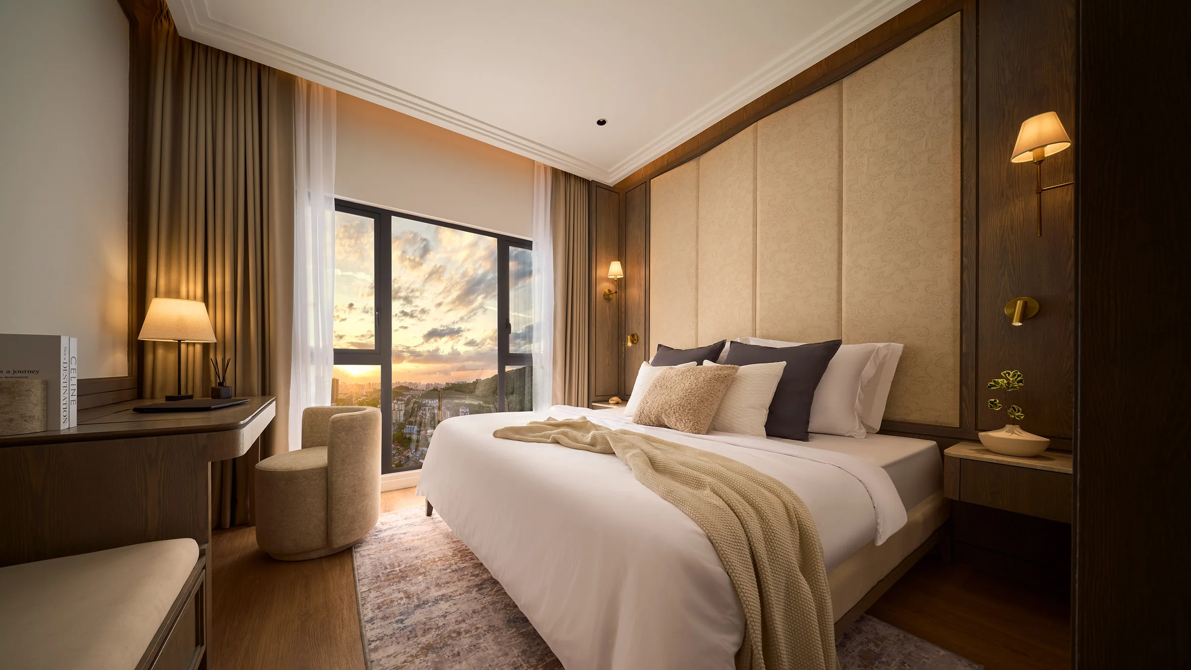 Type E master bedroom at sunset, the city on the horizon