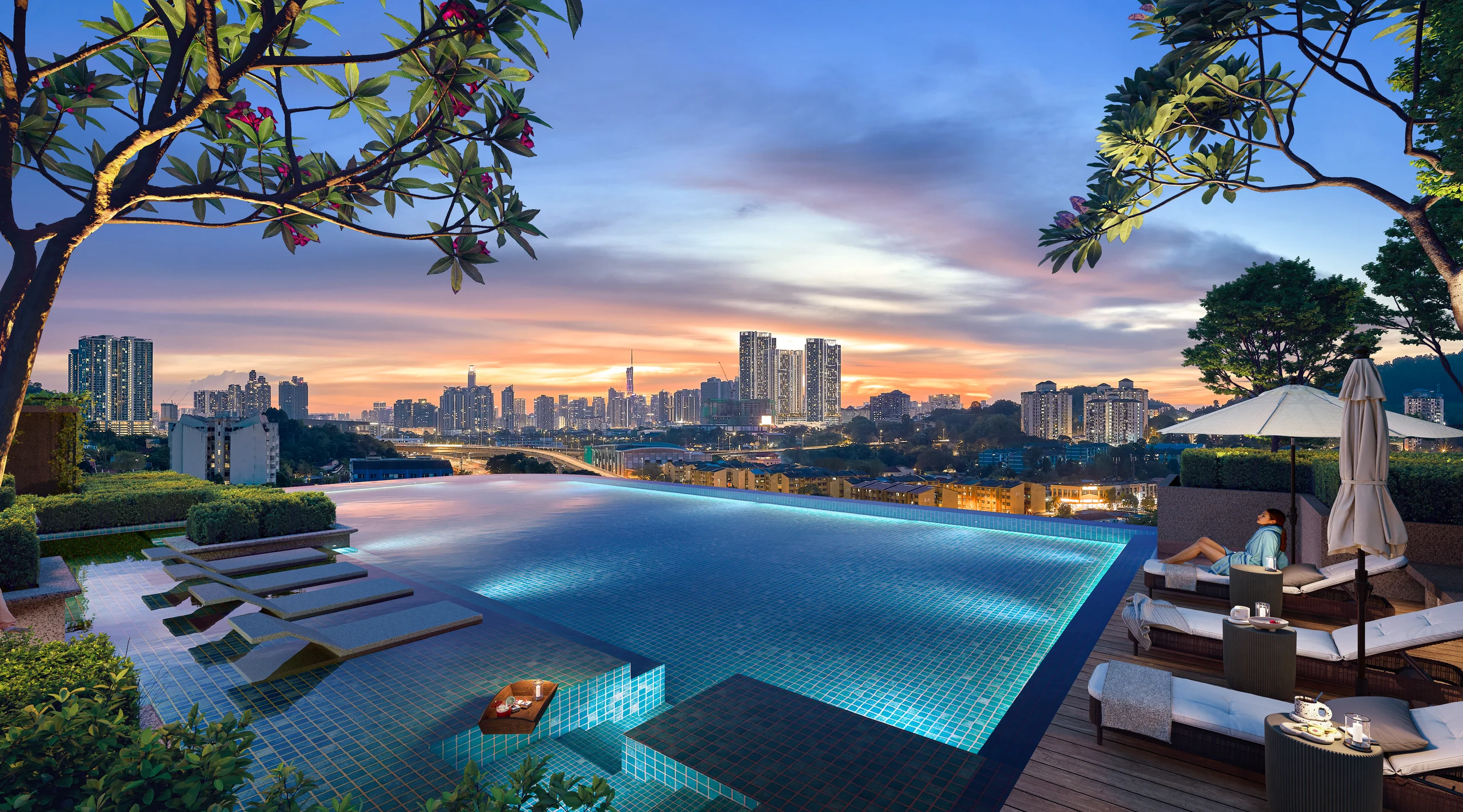 Rendering of the swimming pool at dusk, with loungers on a timber deck and the city skyline beyond
